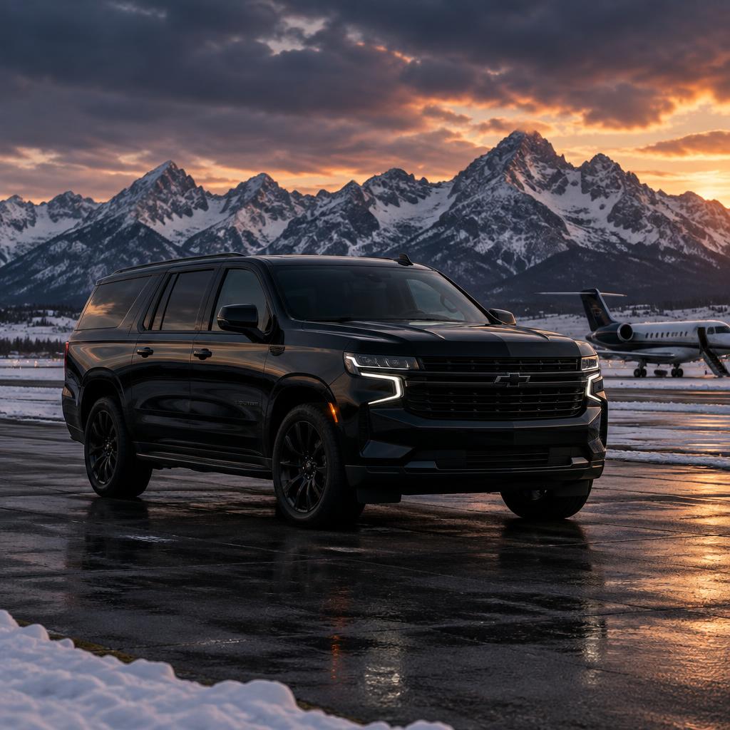 Black-on-black luxury SUV on an airport runway with snow-capped Rocky Mountains