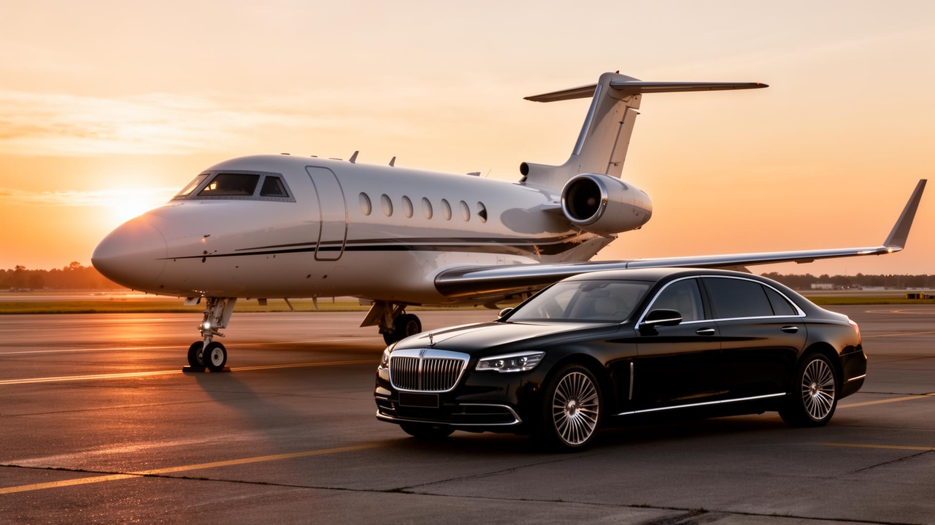 Private jet with luxury sedan on tarmac